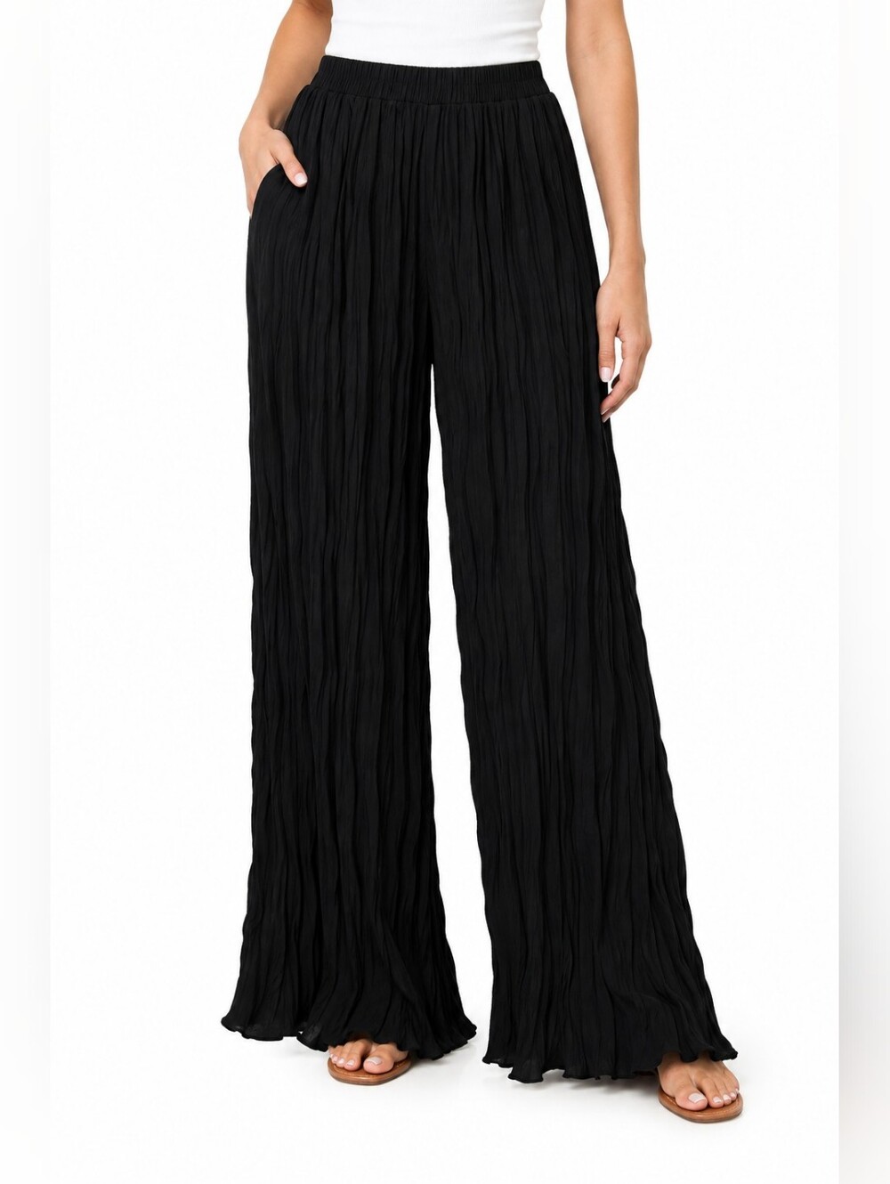 Naked Wardrobe Black Plissé Ultra Wide Leg Pants XS